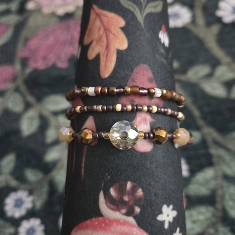 Glass Beaded Bracelet Stack Set Shades Of Brown